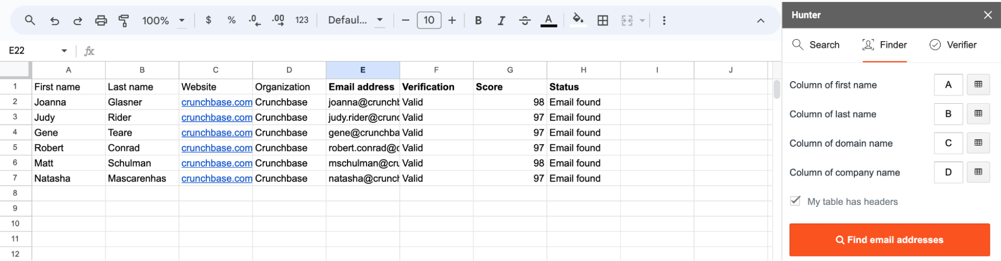Hunter Sheets extension for Google Sheets interface